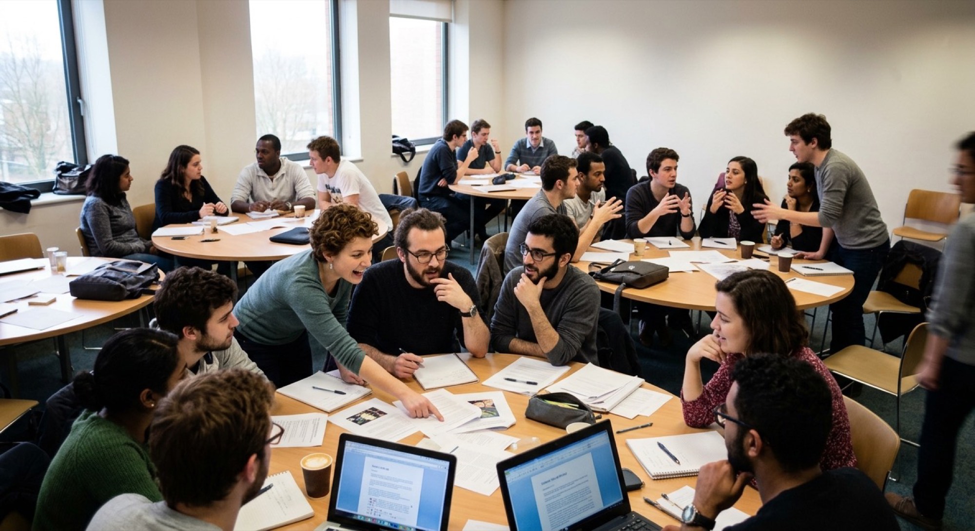 Wide room shot: five companies, one market, twenty minutes left in the round
