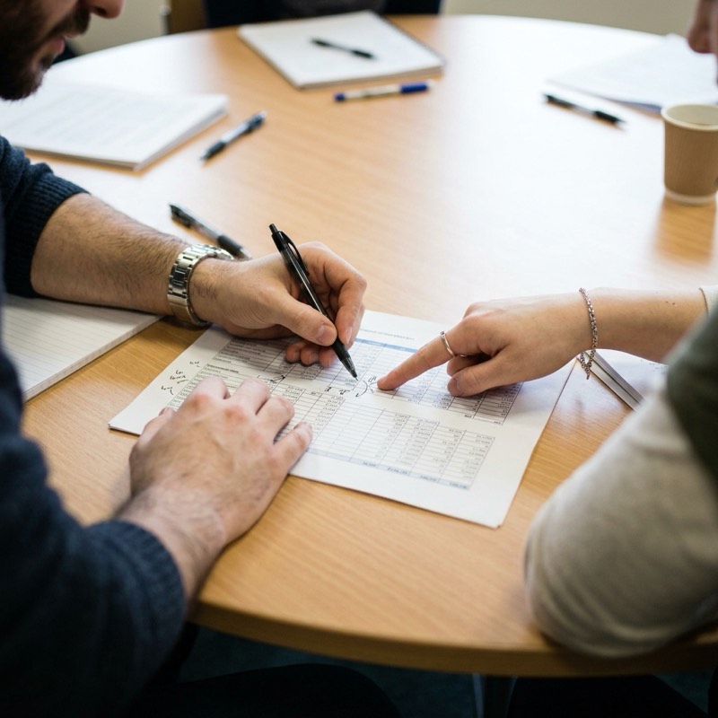 Hands annotating a printed spreadsheet